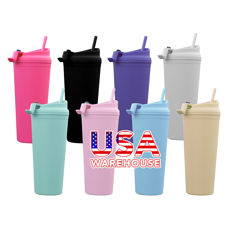 RTS 24oz Double-layer Plastic Straw Cup 710ml Portable Flip Cover BPA Free Outdoor Frosted Casual Cup with Lid Flip Straw