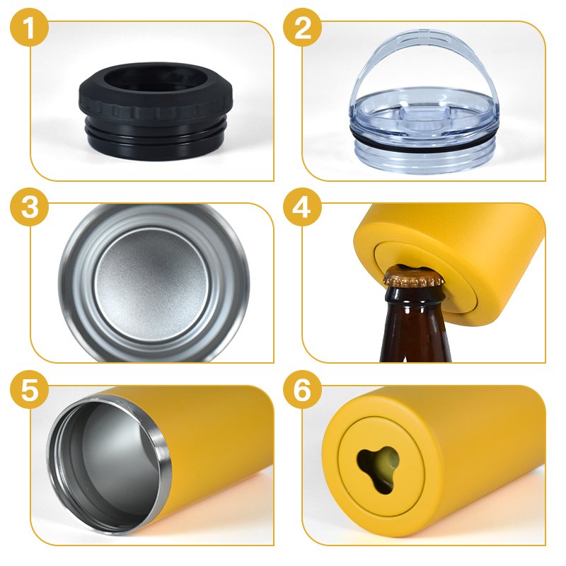 Custom LOGO Powder Coated 16oz Stainless Steel Double Wall Vacuum Insulated 4 in 1 Can Cooler Bottle with Opener
