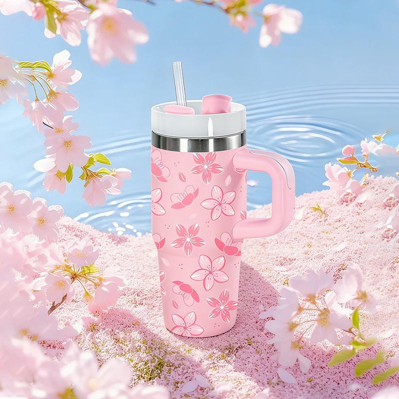 A Cup Full of Blossoms 14oz Stainless Steel Tumbler Portable H2.0 Straw Cup with Handle Vacuum Insulated Cup