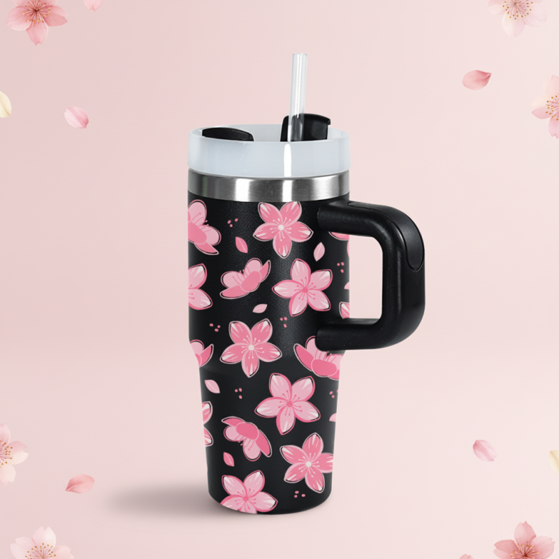 A Cup Full of Blossoms 14oz Stainless Steel Tumbler Portable H2.0 Straw Cup with Handle Vacuum Insulated Cup