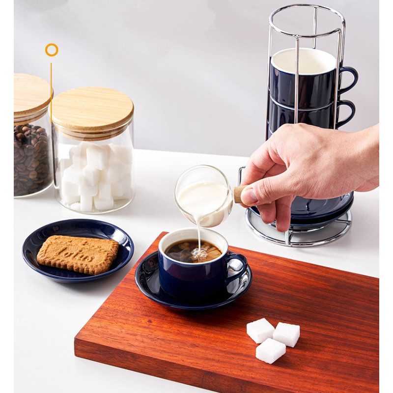 4pcs/Set 3oz 5oz 8oz Porcelain Stackable Cappuccino Cups W/ Saucers and Metal Stand for Coffee Drinks Cappuccino Latte Tea