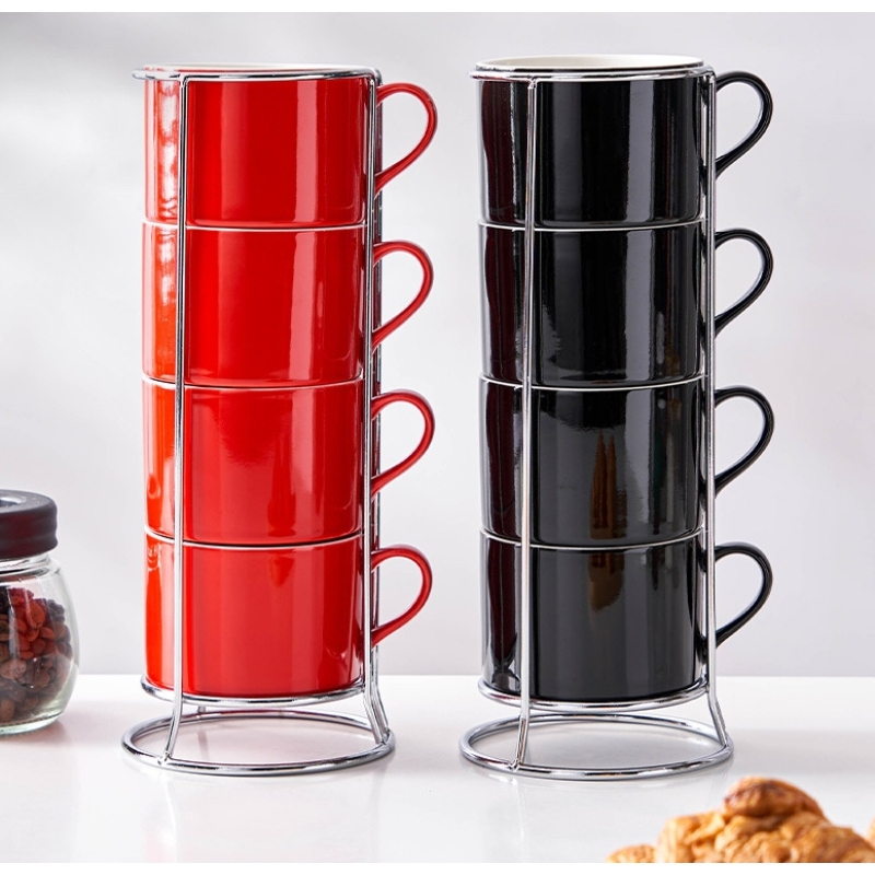 4pcs/Set 3oz 5oz 8oz Porcelain Stackable Cappuccino Cups W/ Saucers and Metal Stand for Coffee Drinks Cappuccino Latte Tea