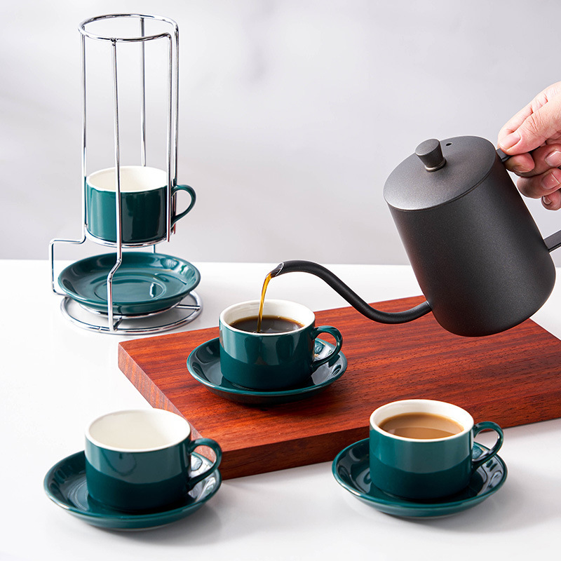 4pcs/Set 3oz 5oz 8oz Porcelain Stackable Cappuccino Cups W/ Saucers and Metal Stand for Coffee Drinks Cappuccino Latte Tea