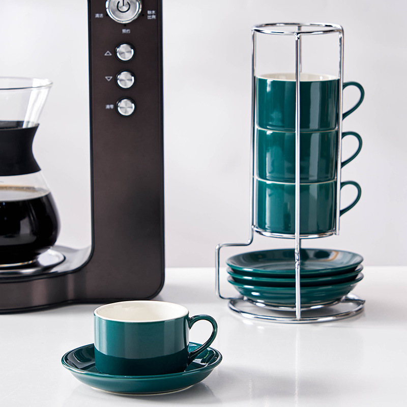 4pcs/Set 3oz 5oz 8oz Porcelain Stackable Cappuccino Cups W/ Saucers and Metal Stand for Coffee Drinks Cappuccino Latte Tea