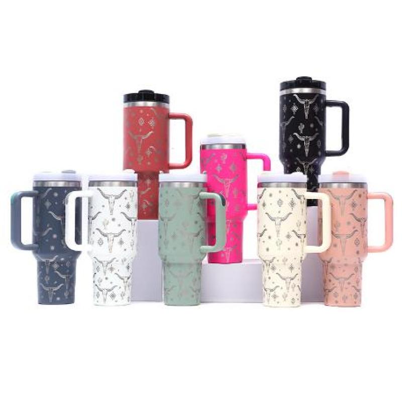 40 OZ Tumbler With Handle Laser Bull Head Pattern Western Style Stainless Steel Insulated Cup With Lid Straw