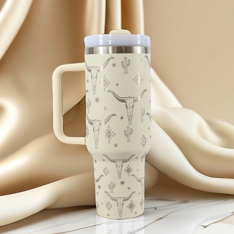 40 OZ Tumbler With Handle Laser Bull Head Pattern Western Style Stainless Steel Insulated Cup With Lid Straw