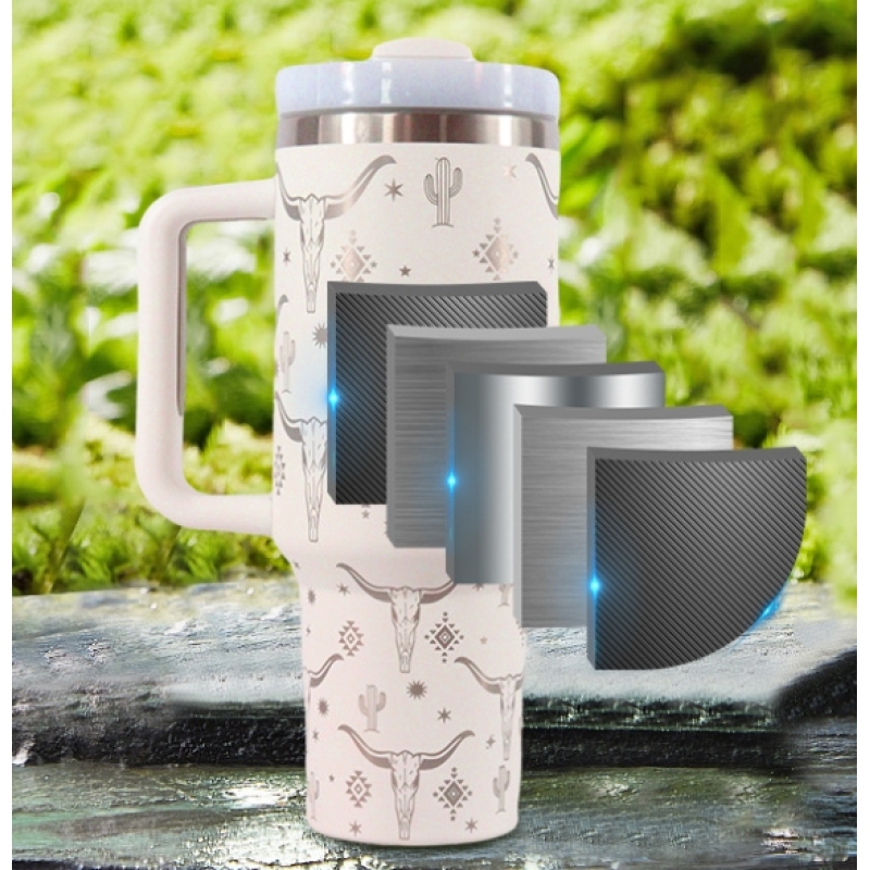 40 OZ Tumbler With Handle Laser Bull Head Pattern Western Style Stainless Steel Insulated Cup With Lid Straw