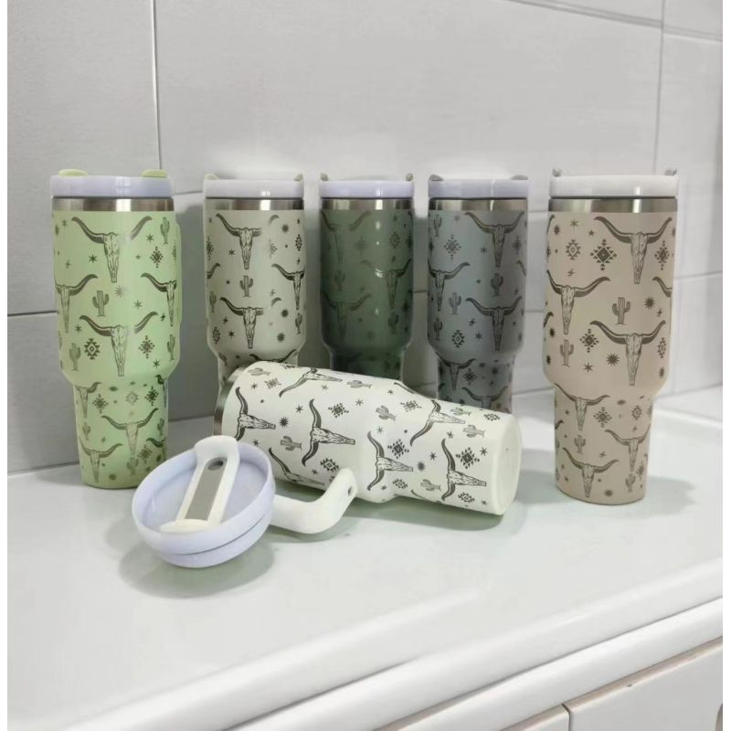 40 OZ Tumbler With Handle Laser Bull Head Pattern Western Style Stainless Steel Insulated Cup With Lid Straw
