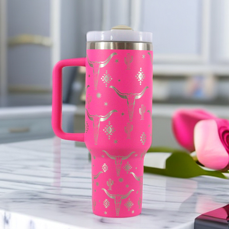 40 OZ Tumbler With Handle Laser Bull Head Pattern Western Style Stainless Steel Insulated Cup With Lid Straw