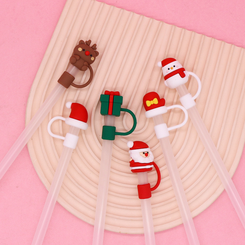 Christmas Cartoon Straw Silicone Dustproof Cover Flower Love Gift Plug Straw Topper Soft Rubber Straw Cover