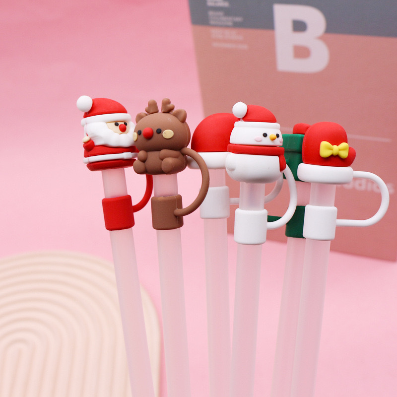 Christmas Cartoon Straw Silicone Dustproof Cover Flower Love Gift Plug Straw Topper Soft Rubber Straw Cover