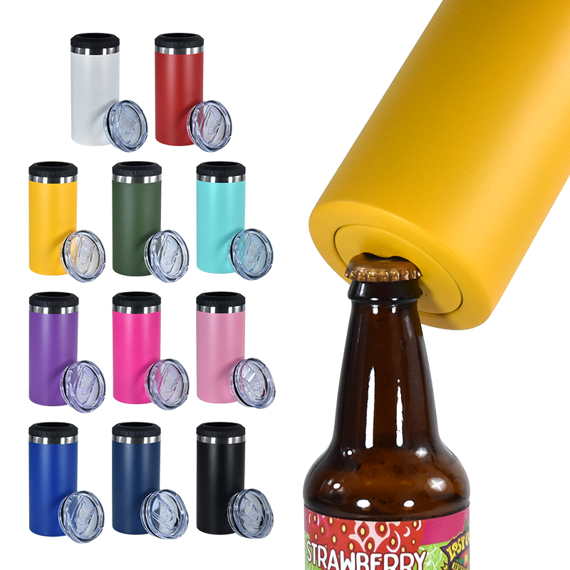 Custom Logo 16oz Powder Coated Stainless Steel Double Wall Vacuum Tumbler Insulated Can Cooler With Bottle Opener and Dual Lids
