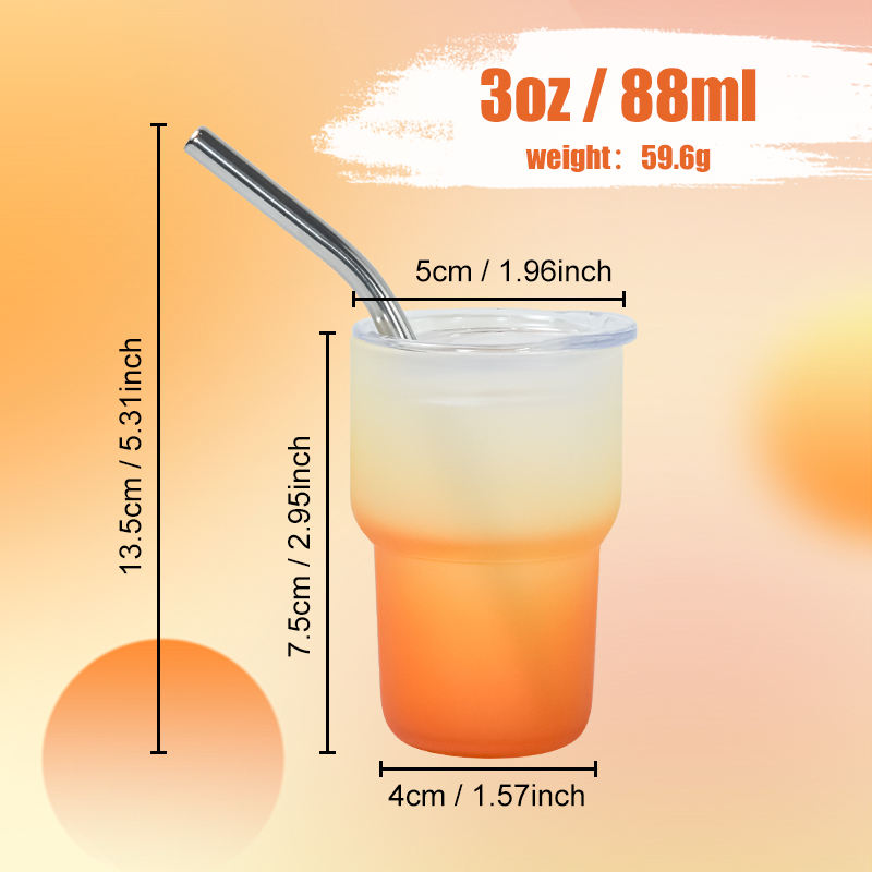 China RTS 3oz Shot Glass Tumbler Sublimation Ombre Glass Mini Cup Gradient Single Wall Wine Mug with Metal Straw Plastic Lid