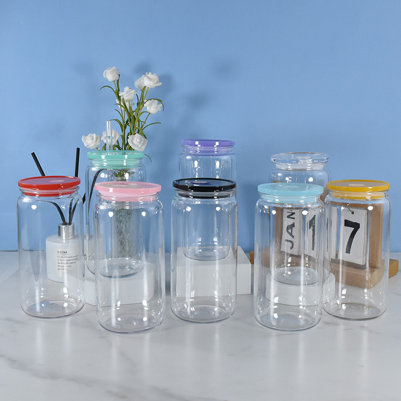 RTS US Warehouse Plastic Cups 16oz 50PCS/CTN Acrylic Clear Beer Can Plastic Tumbler With Colored PP Lid for Vinyl UV DTF