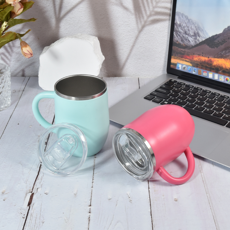 Custom Logo 360ml/12oz Double Walled Egg Wine Handle Cup with Lid Stainless Steel Plastic Outer Travel Tumbler for Party Office