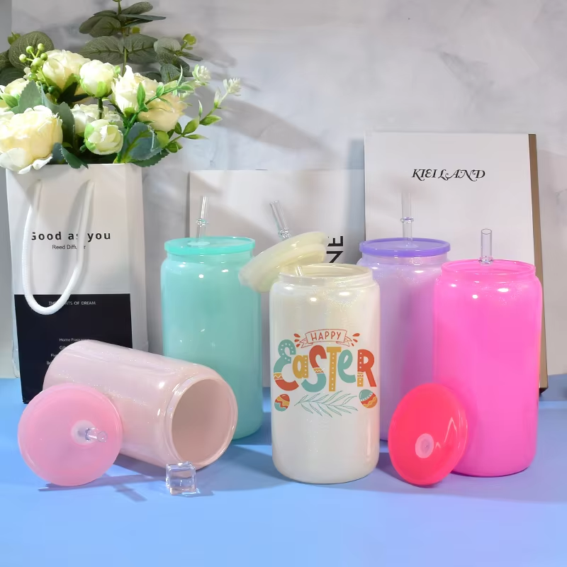 China RTS 16oz Shimmer Glass Can Reusable Tumbler Colorful Sublimation Blanks Glitter Rainbow Glass Beer Can with Straw Lid