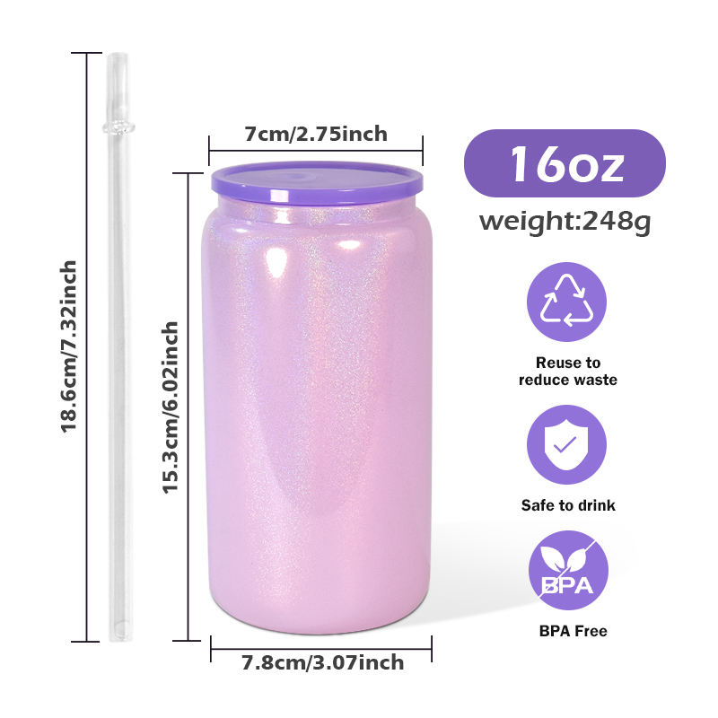 China RTS 16oz Shimmer Glass Can Reusable Tumbler Colorful Sublimation Blanks Glitter Rainbow Glass Beer Can with Straw Lid