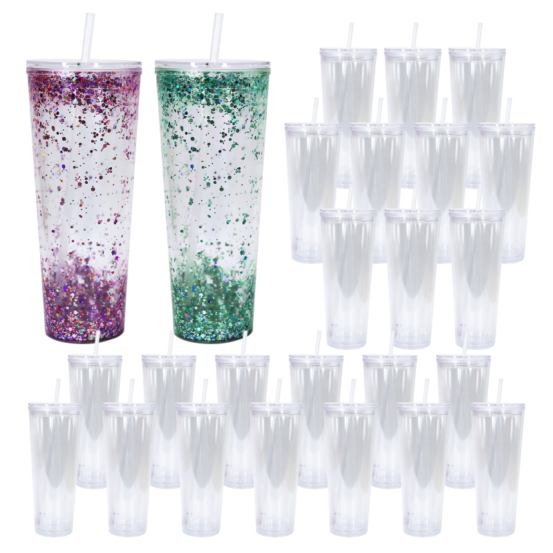 25pcs/ctn  24oz Double Wall Fillable Acrylic Cup BPA Free Clear Pre-drilled for Glitter