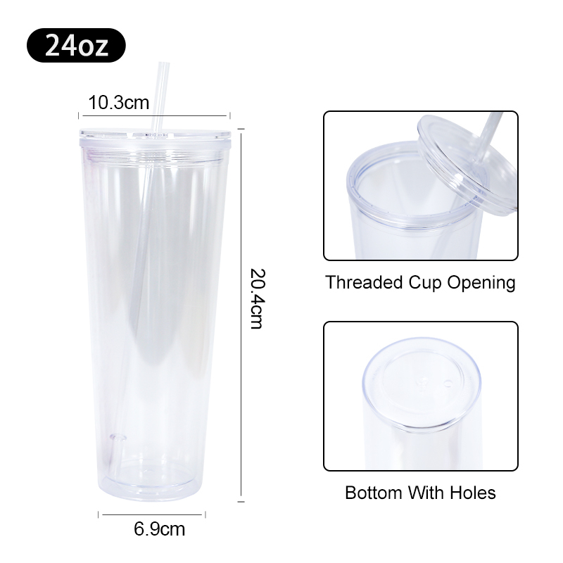 25pcs/ctn  24oz Double Wall Fillable Acrylic Cup BPA Free Clear Pre-drilled for Glitter