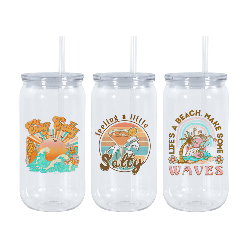 Custom Plastic Drinkware 16oz All clear Acrylic Clear Can Plastic Tumbler With clear PP Lid for Vinyl UV DTF