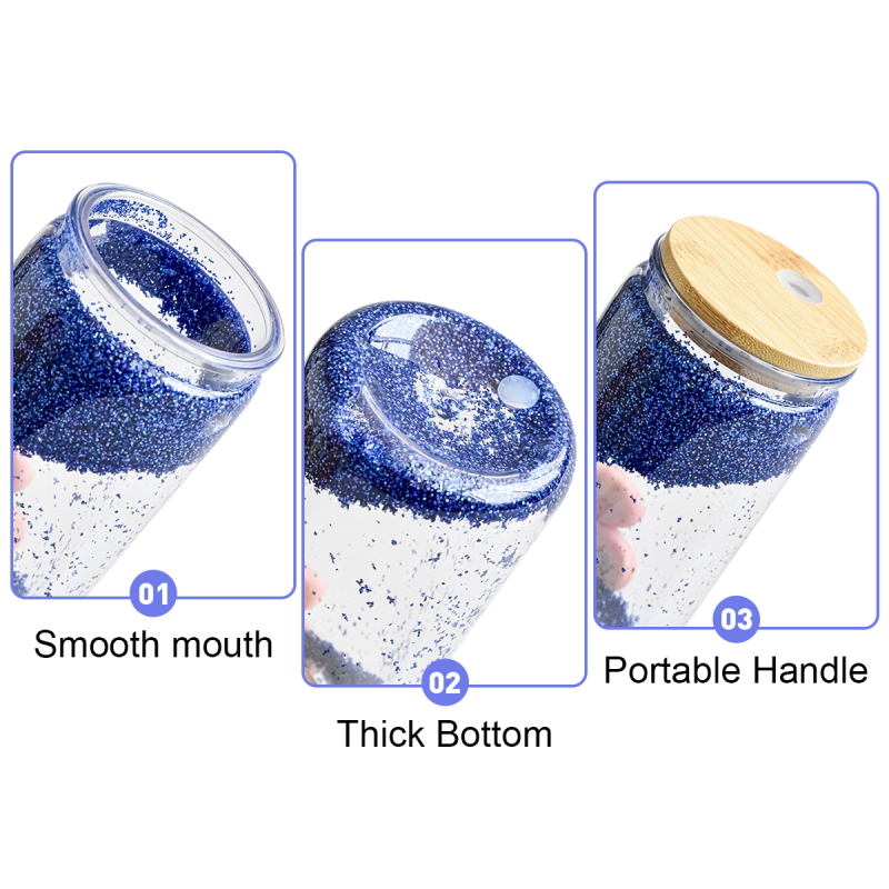 Doppelwandige Becher Vorgebohrt Snow Globe Tumbler Schneekugeltumbler 16oz Acrylic Snow Globe Cups with Wooden Lids