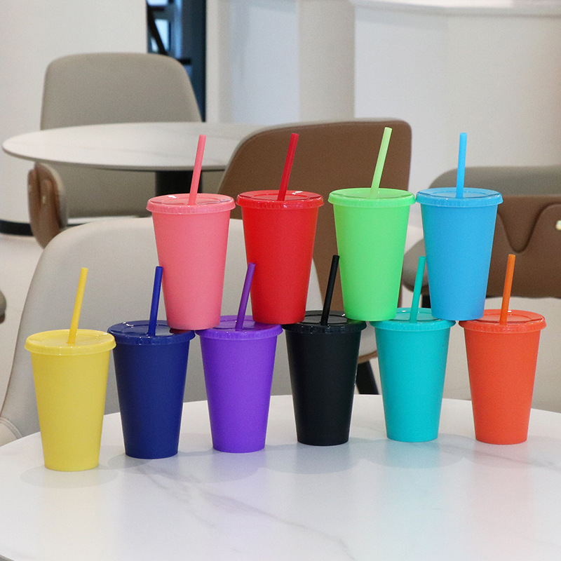 Solid Color Single Wall 16oz Reusable pp Cold Water Drink Coffee Mug Tumbler Plastic Cups with Lids and Straws