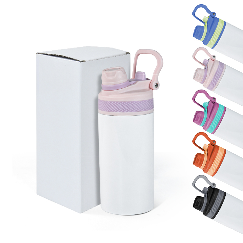 RTS USA Warehouse Stock 25pcs/ctn 12OZ Sublimation School Vacuum Insulated Kids Water Bottle Flat  With 2 in 1 Handle Straw Lid