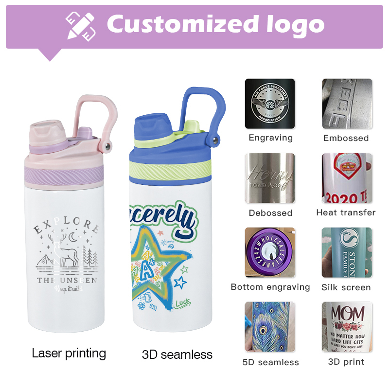 RTS USA Warehouse Stock 25pcs/ctn 12OZ Sublimation School Vacuum Insulated Kids Water Bottle Flat  With 2 in 1 Handle Straw Lid