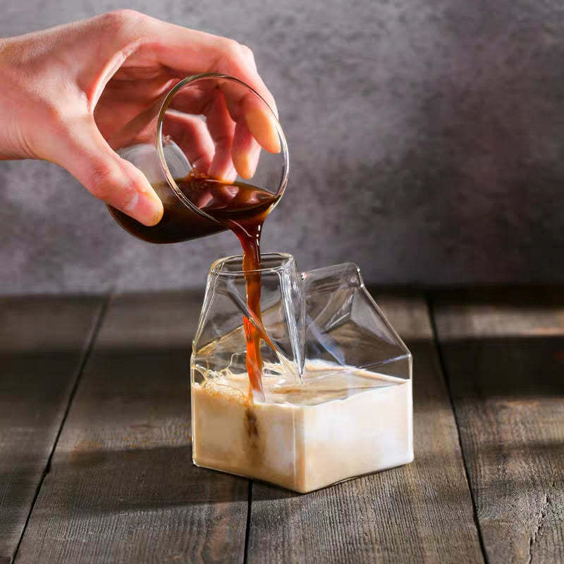 300ml Heat Resistant Glass Milk Carton Clear Square Cocktail Glasses Mini Cup Coffee Box for Milk Coffee WaterJuice Beverages