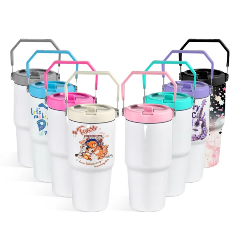 Sublimation Flip Straw Leak Proof Lid Kids Sports Water Bottle 20oz Ounce Tumbler Cup Colored Handle for Heat Transfer Printing