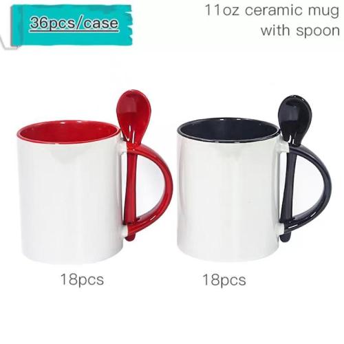 Wholesale Factory Price 11oz Sublimation Blanks Coffee Milk Tea Inner Color Ceramic Mug with Tea Spoon
