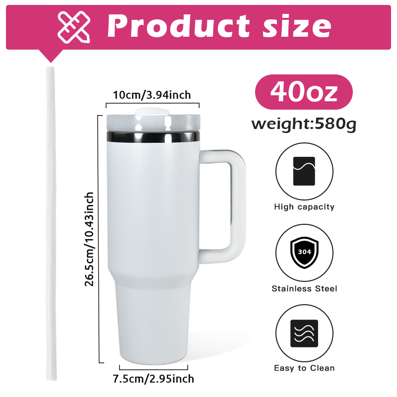 40oz Travel Mug Customize Laser Electroplating Black Powder Coated Mugs Stainless Steel Double Walled Tumblers with Handle Straw