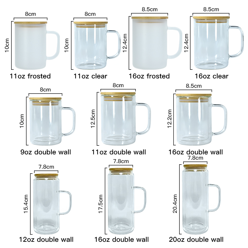 Snow Globe Cups with Handles 11oz 15oz 17oz 20oz clear Frosted Double Glass Beer Mug Sublimation Glass Can With Handle