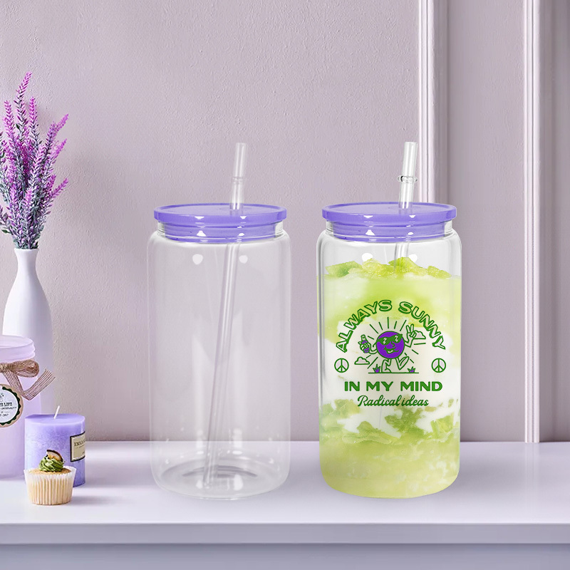 16oz Glass Tumbler Sublimation Drink Cup Frosted clear Glass Can with Straw and Mix Color Lid