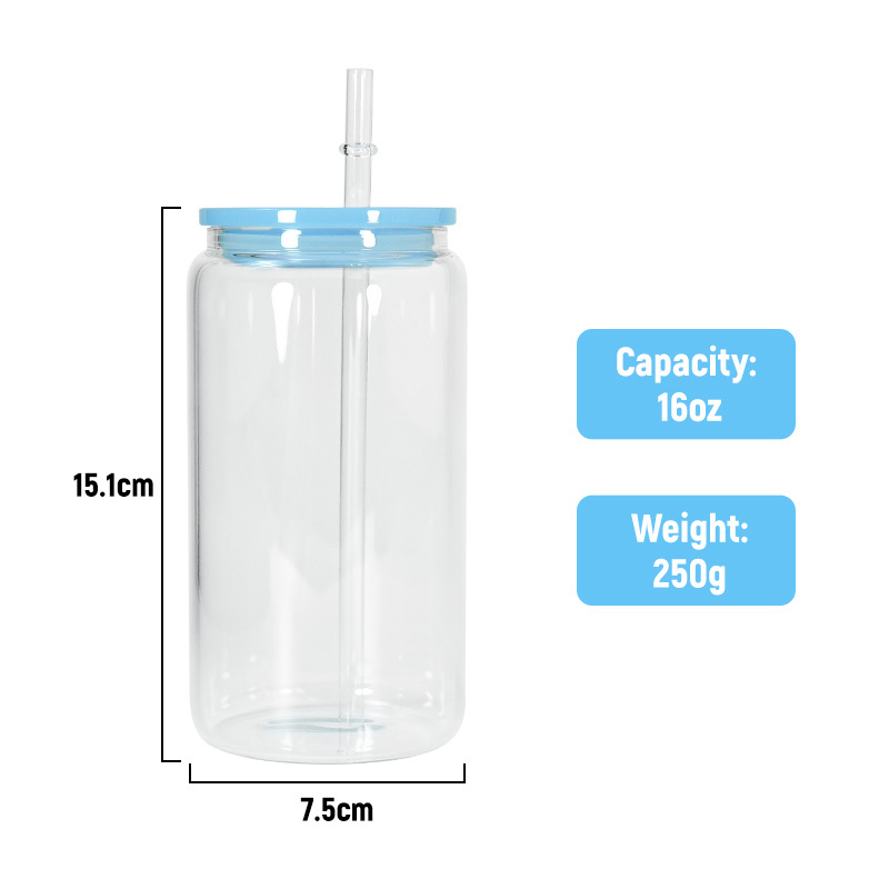 16oz Glass Tumbler Sublimation Drink Cup Frosted clear Glass Can with Straw and Mix Color Lid