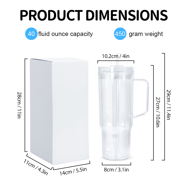 In Stock 40oz Double Wall Unbreakable Reusable Transparent Pre-drilled Hole Plastic Tumbler Mug with Handle and Straw Lid