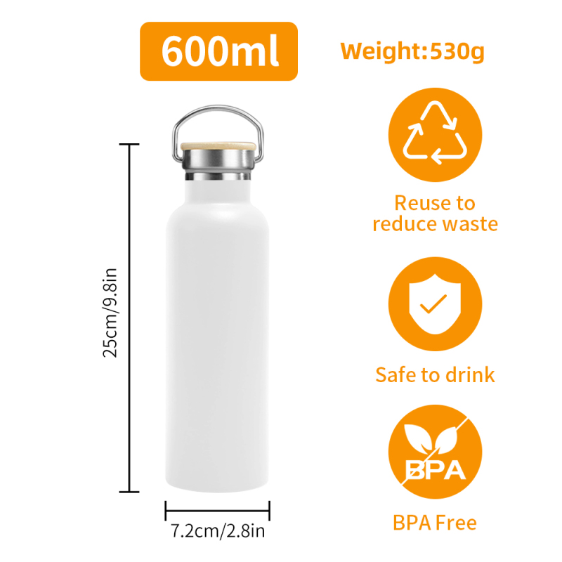 Customized Stainless Steel Water Bottle 600ml Sublimation Double Wall Vacuum Insulated 20oz Wide Mouth Bamboo Lid Sports Bottle