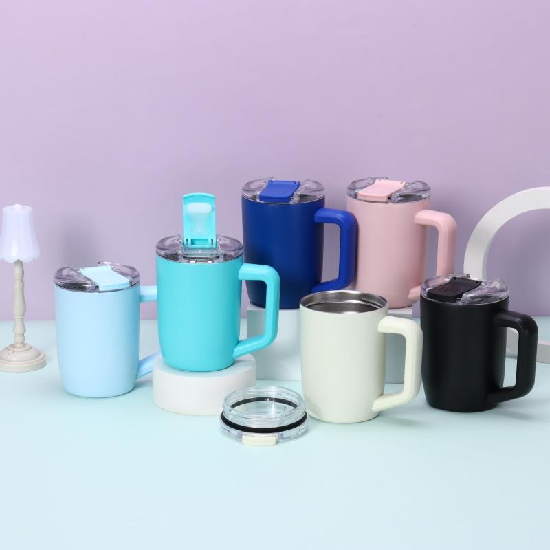 Custom Logo Double Wall Stainless Steel Vacuum Coffee Mug with Handle and Thread Flip Lid Eco-Friendly Portable 15oz