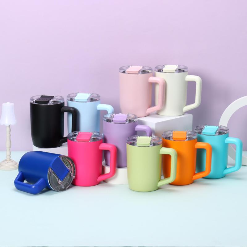 Custom Logo Double Wall Stainless Steel Vacuum Coffee Mug with Handle and Thread Flip Lid Eco-Friendly Portable 15oz
