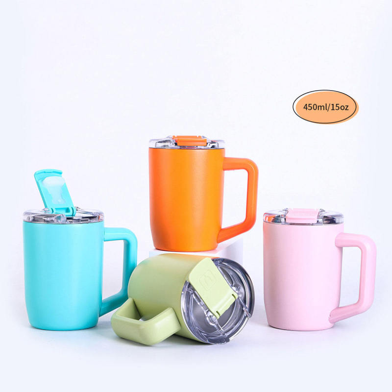 Custom Logo Double Wall Stainless Steel Vacuum Coffee Mug with Handle and Thread Flip Lid Eco-Friendly Portable 15oz