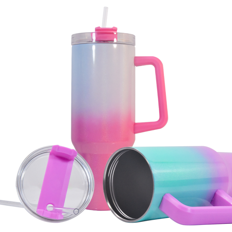 China Warehouse Stocked Sublimation Gradient Colors 40oz Vacuum Insulated Travel Mug with Handle