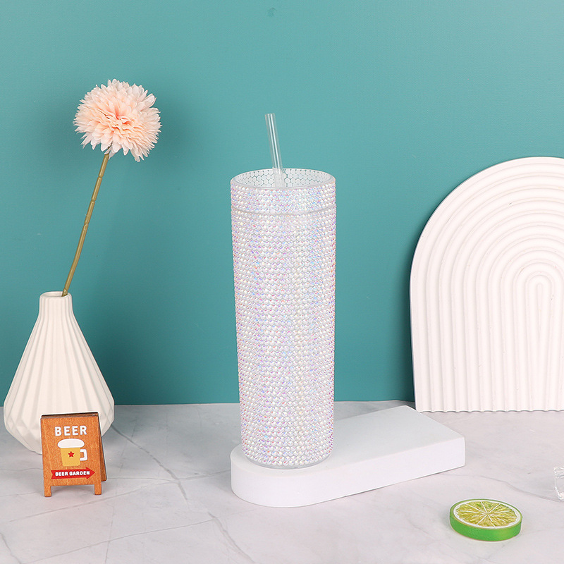 Custom 16oz Double Wall Plastic Tumbler Straight Shiny Diamond 500ml BPA Free Rhinestone Water Bottle Cup with Lid Straw