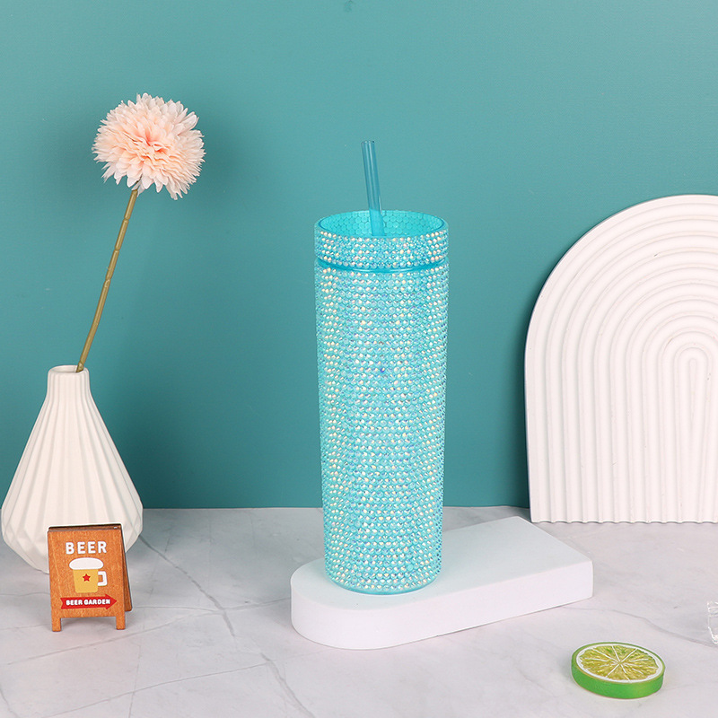 Custom 16oz Double Wall Plastic Tumbler Straight Shiny Diamond 500ml BPA Free Rhinestone Water Bottle Cup with Lid Straw