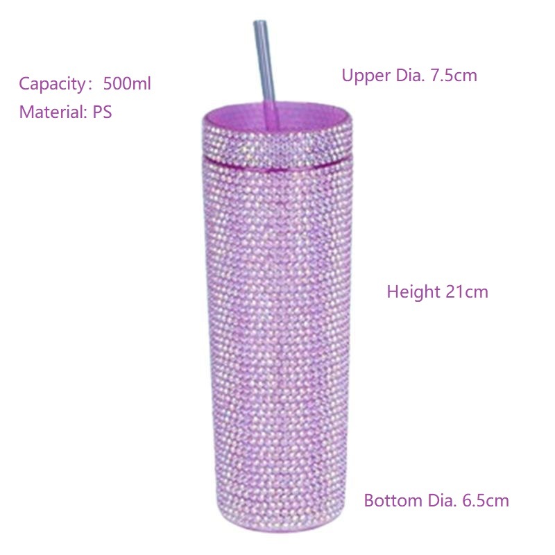 Custom 16oz Double Wall Plastic Tumbler Straight Shiny Diamond 500ml BPA Free Rhinestone Water Bottle Cup with Lid Straw
