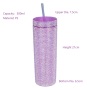 Custom 16oz Double Wall Plastic Tumbler Straight Shiny Diamond 500ml BPA Free Rhinestone Water Bottle Cup with Lid Straw