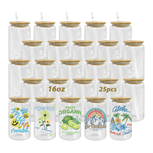 USA Warehouse RTS 25pcs/ctn 16oz clear Glass Can Sublimation Glass Tumler Mugs with Bamboo Lid and Plastic Straw