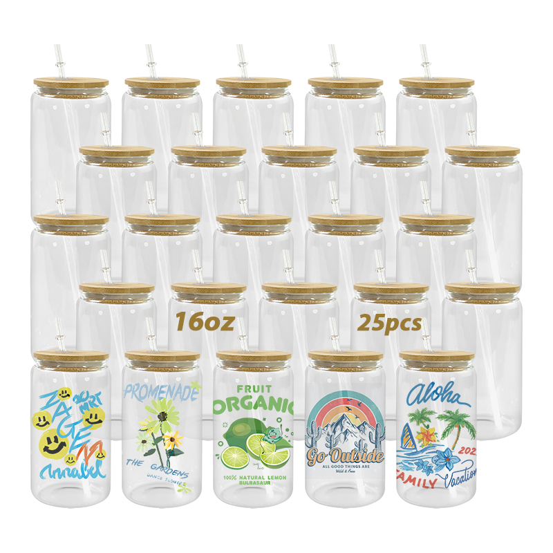 USA Warehouse RTS 25pcs/ctn 16oz clear Glass Can Sublimation Glass Tumler Mugs with Bamboo Lid and Plastic Straw