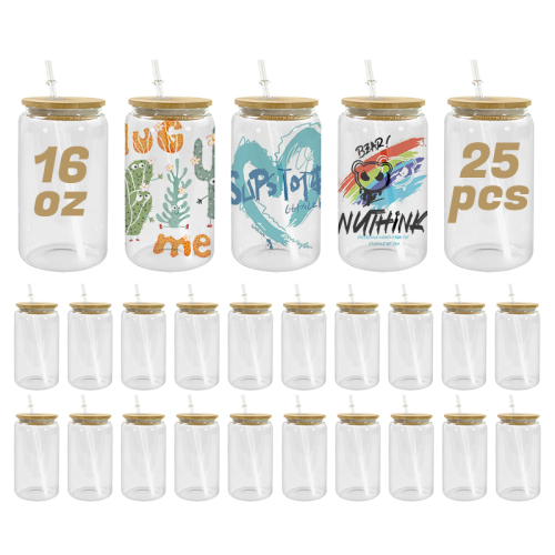 USA Warehouse RTS 25pcs/ctn 16oz clear Glass Can Sublimation Glass Tumler Mugs with Bamboo Lid and Plastic Straw