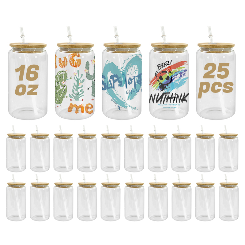 USA Warehouse RTS 25pcs/ctn 16oz clear Glass Can Sublimation Glass Tumler Mugs with Bamboo Lid and Plastic Straw