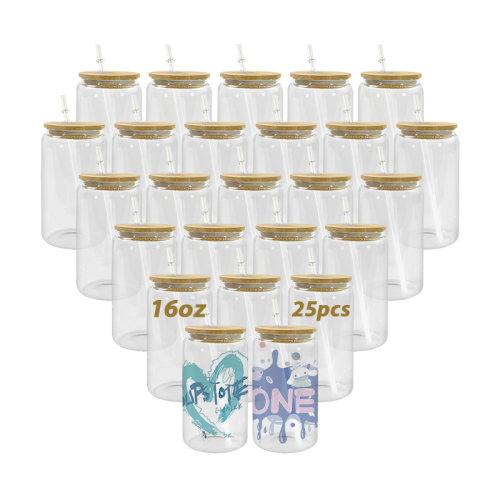 USA Warehouse RTS 25pcs/ctn 16oz clear Glass Can Sublimation Glass Tumler Mugs with Bamboo Lid and Plastic Straw